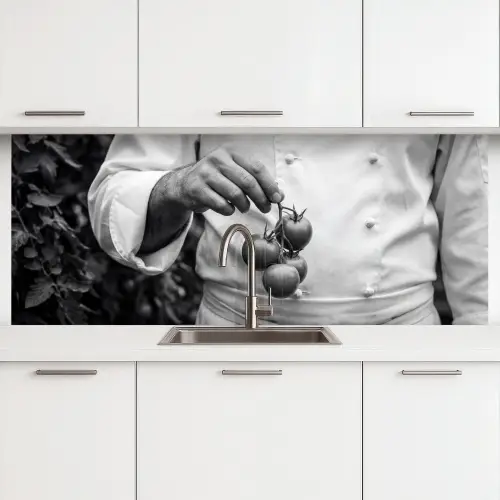 Tomaten - Chef - Zwart - Wit keuken achterwand 2 middel -3d