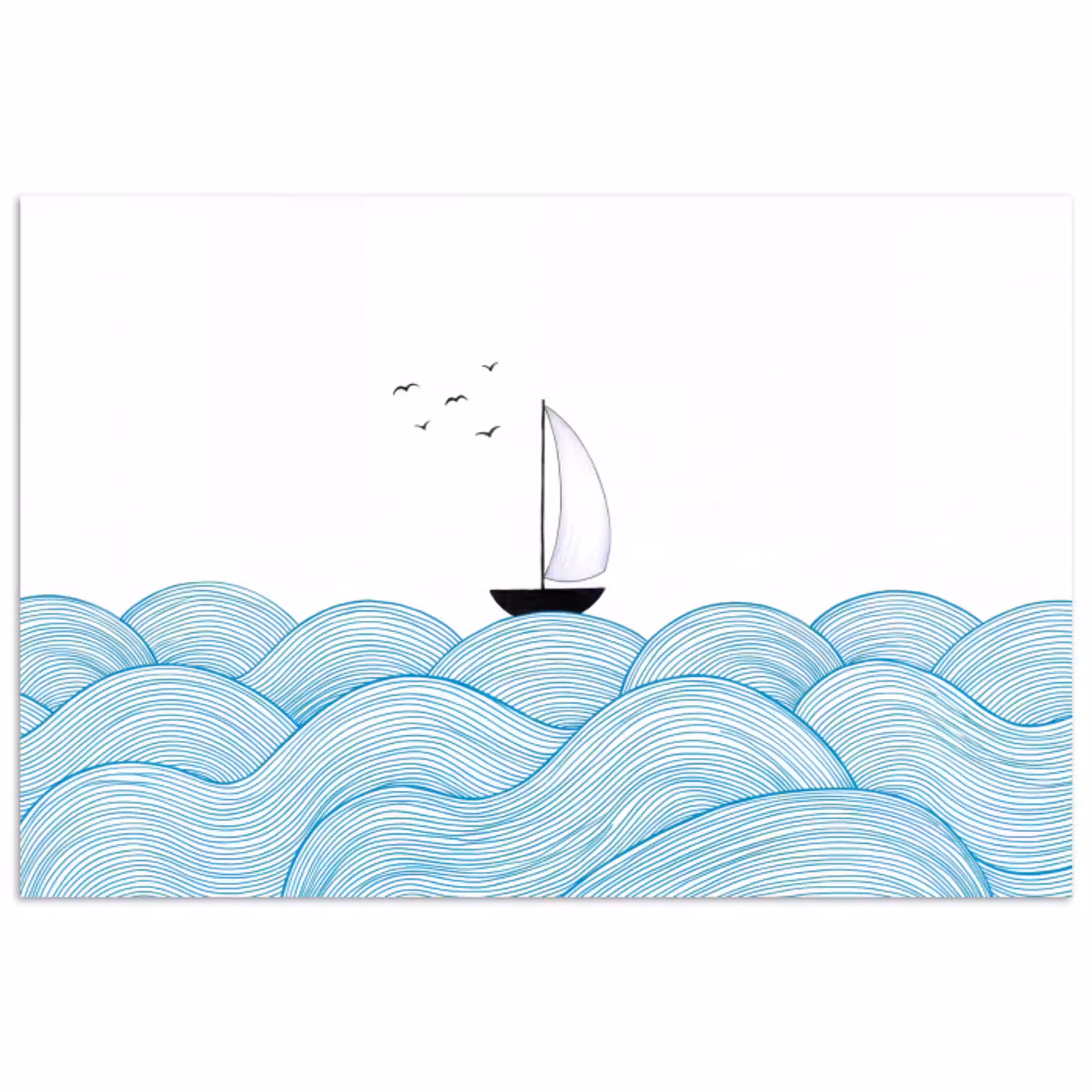 Zeilboot - Golven - Zee - Illustratie - Blauw poster papier klein -3d