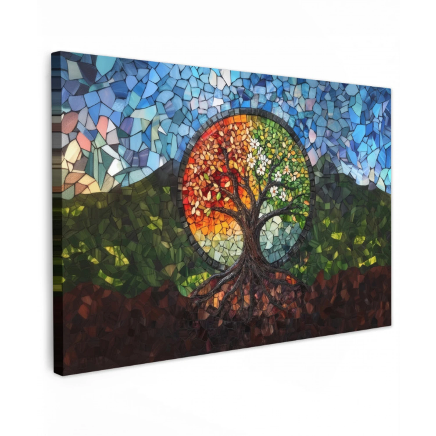 Boom - Seizoenen - Mozaïek - Bergen Tuinposter op houten frame 2 cm dik klein -3d