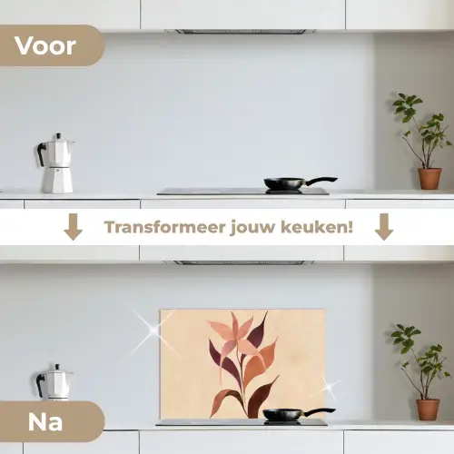 Minimalistisch - Bloem - Bladeren - Beige keuken achterwand spatscherm klein -voor_na_NL