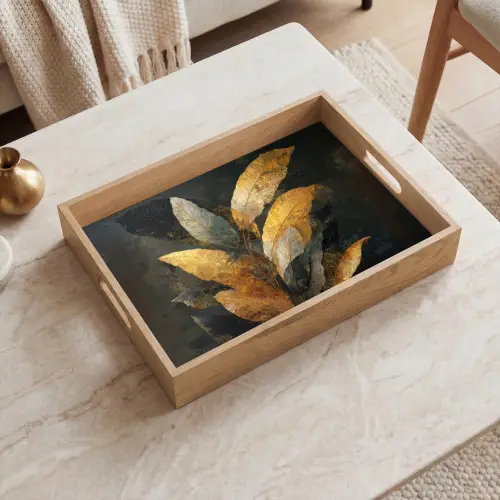 Gouden Bladcompositie – Botanische Luxe Dienblad Rechthoek middel -sfeer1