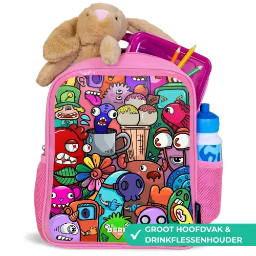 Monsters, bloemen en ijsje patroon Kinderrugzak - Roze middel -inhoud_NL
