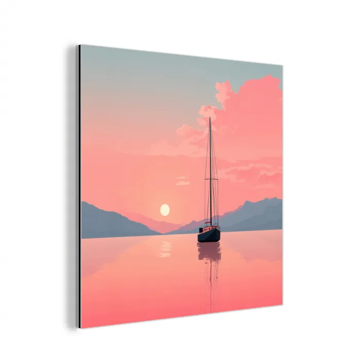Zeilboot - Roze zee - Zonsondergang - Bergen aluminium wit klein -3d