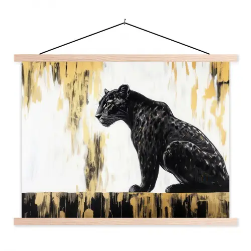 Panter - Zwart - Abstract - Goud textielposter latten blank klein -3d
