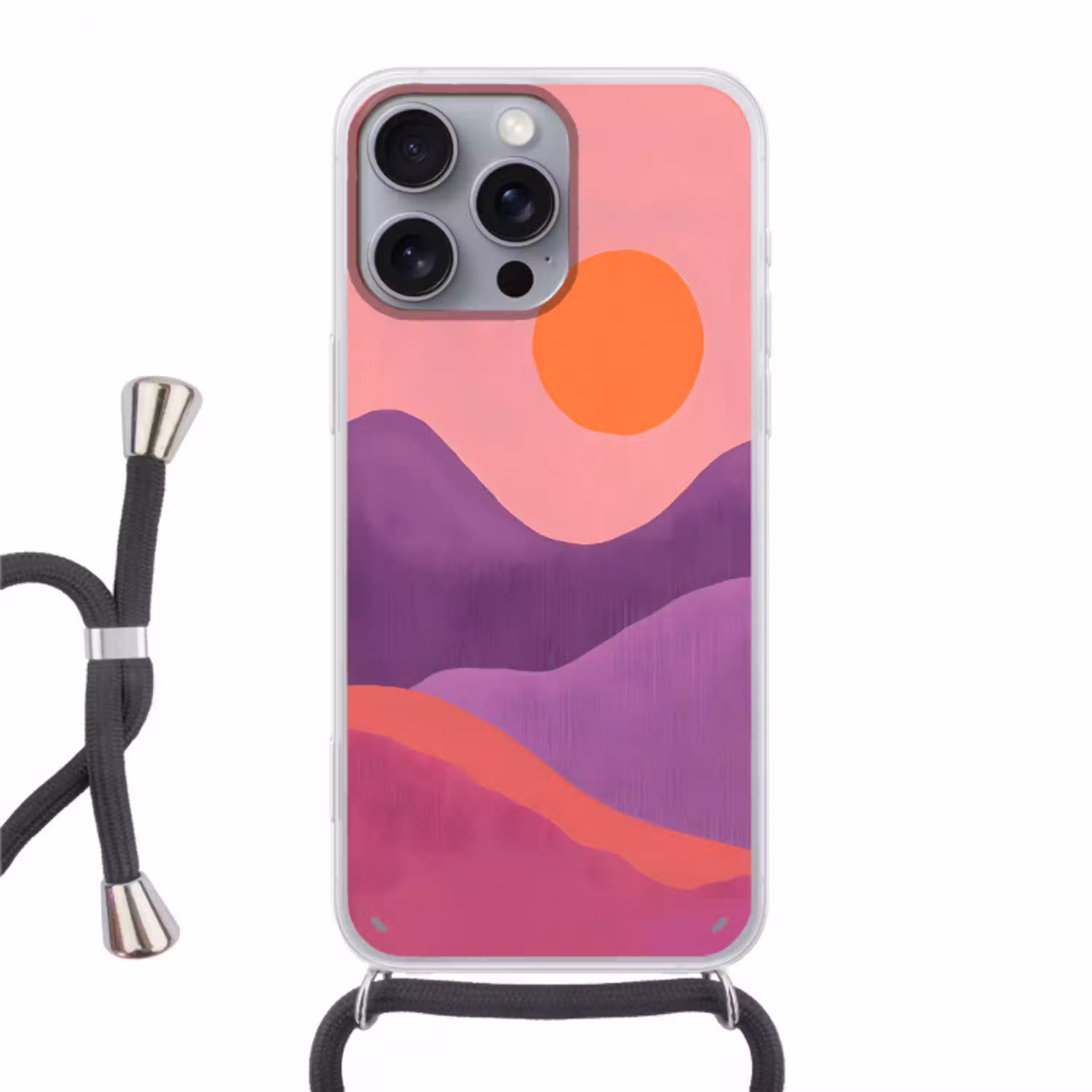 Zon - Heuvels - Paars - Abstract Hoesje iPhone 16 Pro Max met koord klein -3d