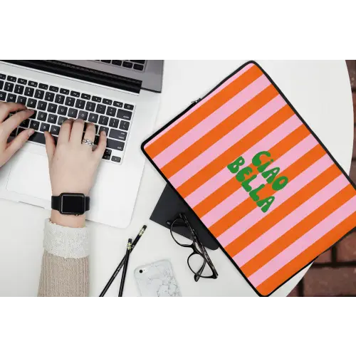 Strepen - Oranje - Verticaal - Ciao bella laptophoes neopreen klein -bureau