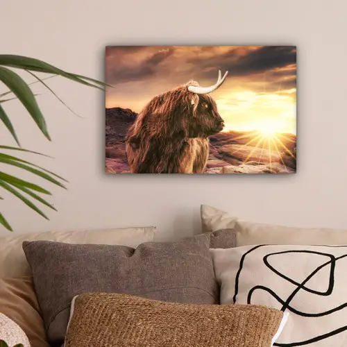 Schotse hooglander - Zon - Horizon - Koe - Dieren canvas 2cm klein -sfeer1