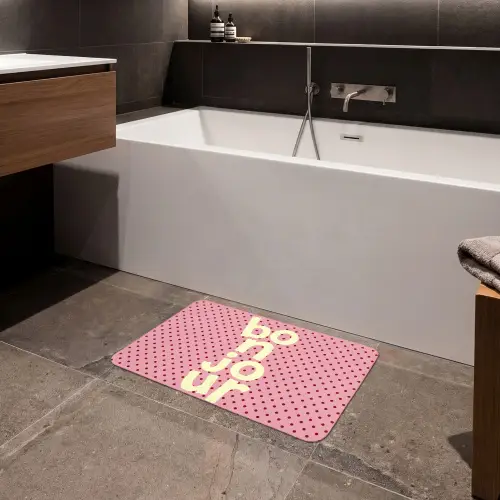 Bonjour - Stippen - Roze- Geel Badmat klein -sfeer3