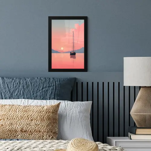 Zeilboot - Roze zee - Zonsondergang - Bergen fotolijst zwart zonder passe partout klein -sfeer3
