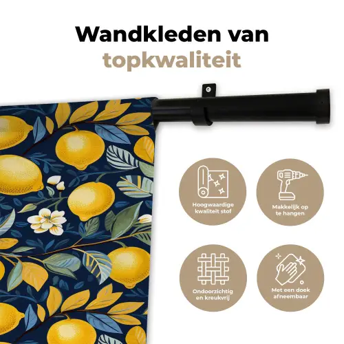 Citroenen - Bloemen - Bladeren - Blauw Wandkleed katoen klein 269 -sfeer2