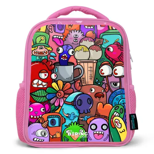 Monsters, bloemen en ijsje patroon Kinderrugzak - Roze middel -3d