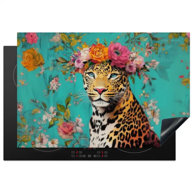 Luipaard - Bloemen - Kroon Inductie beschermer vinyl 3mm klein -3d