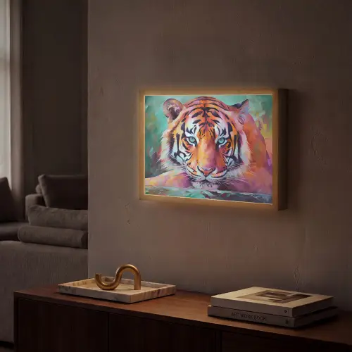 Tijger - Olieverf - Dieren - Kunst Light Box met batterij (Wandlamp) middel -sfeer1