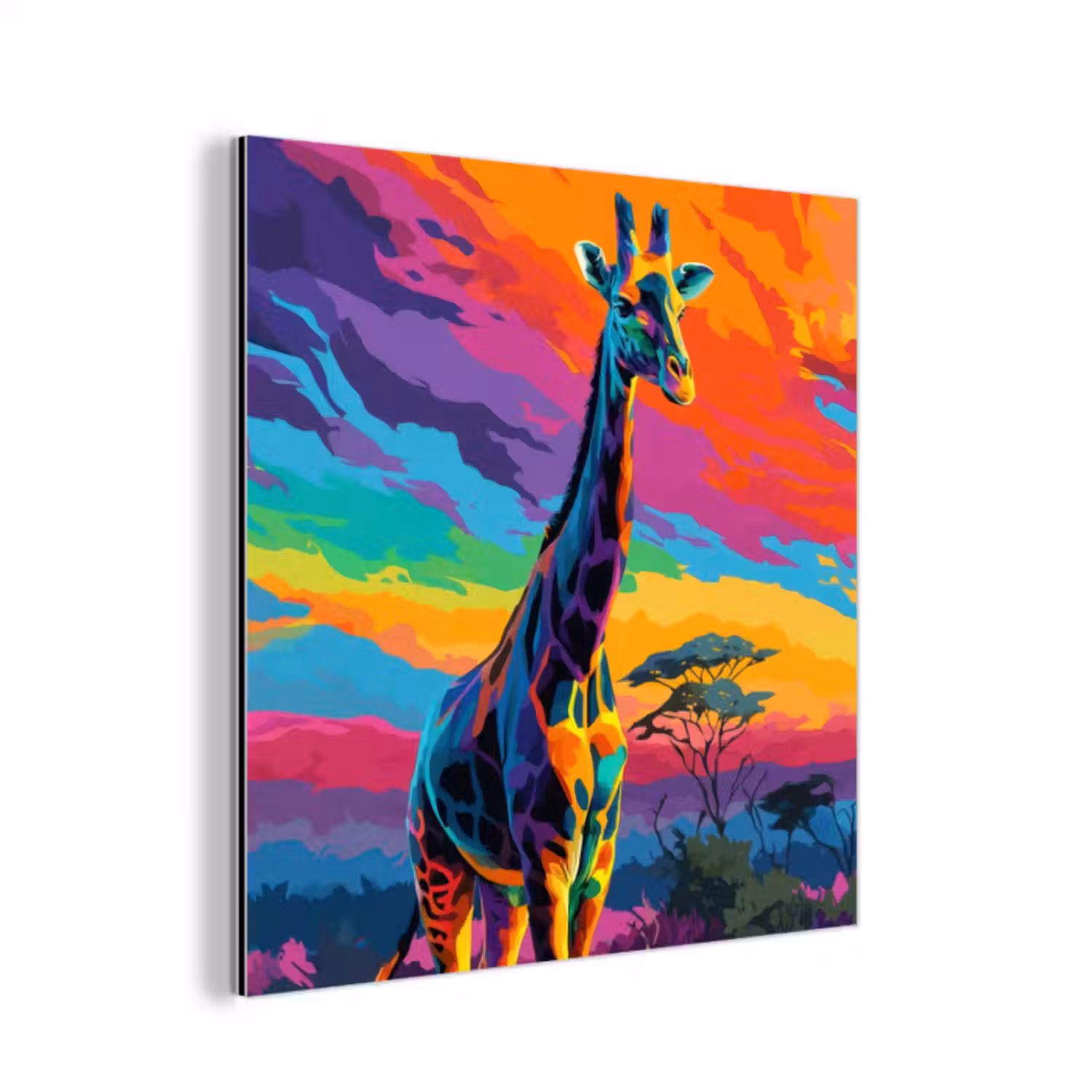 Aluminium schilderij - Giraffe - Savanna - Lucht - Gekleurd