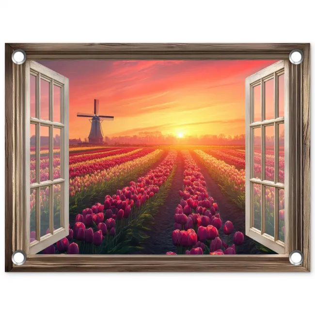 Doorkijk - Tulpen - Zonsondergang - Bloemen - Kleurrijk tuinposter los doek klein -3d