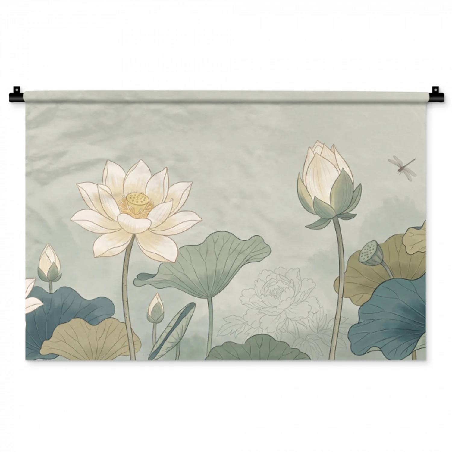 Lotus - Bloemen - Groen Wandkleed katoen middel -zz3d