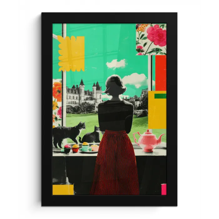 Vrouw - Keuken - Katten - Doorkijk fotolijst zwart zonder passe partout klein -3d