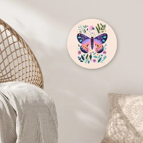 Bloemen - Bladeren - Vlinder - Kleurrijk Wandcirkel kunststof plaat 5mm dik klein -sfeer5