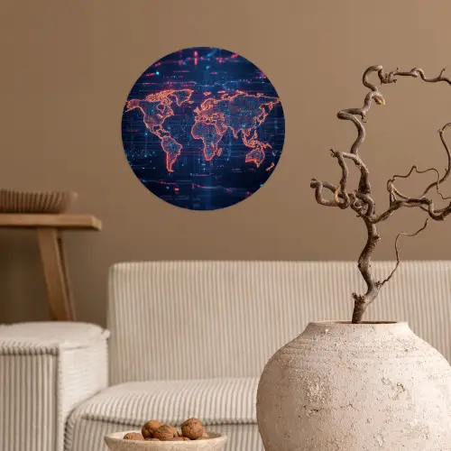 Wereldkaart - Futuristisch - Oranje Wandcirkel behangsticker klein -sfeer1