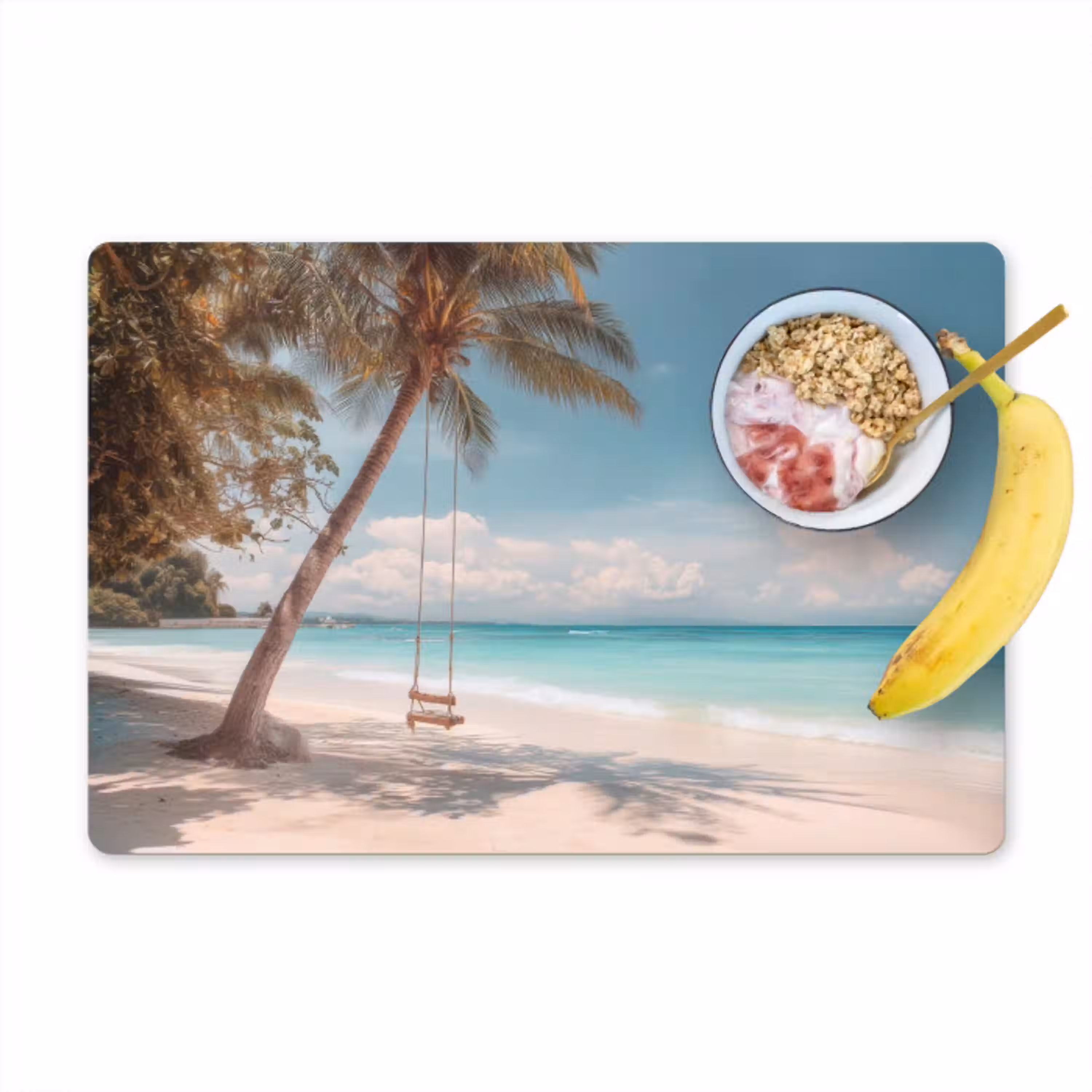 Palmboom - Schommel - Strand - Lucht Placemat vinyl groot -zzzproduct_Kitchenyeah-website