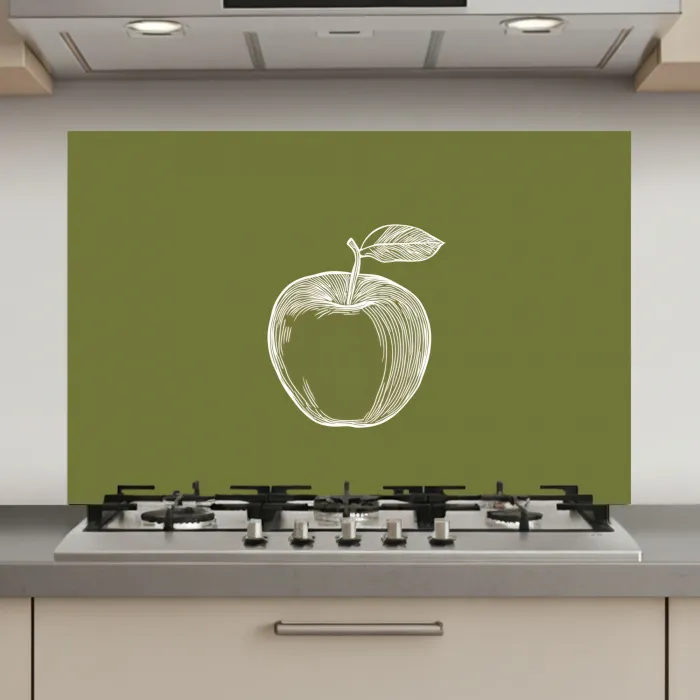 Lijntekening - Appel - Olijfgroen - Blaadje keuken achterwand spatscherm klein -3d_website