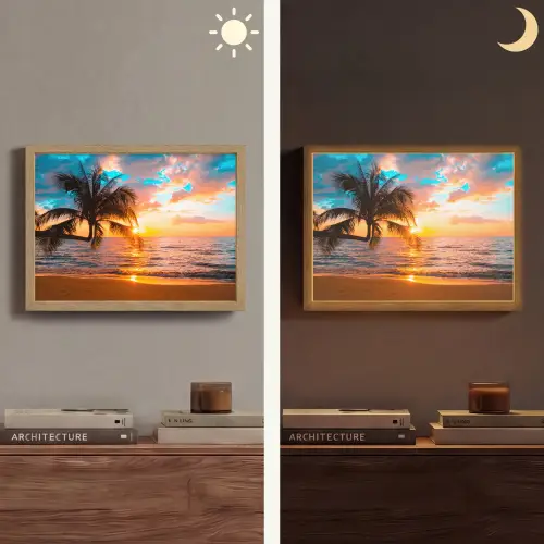 Palm - Zonsondergang - Horizon - Strand - Zee - Tropisch Light Box met batterij (Wandlamp) middel -sfeer3