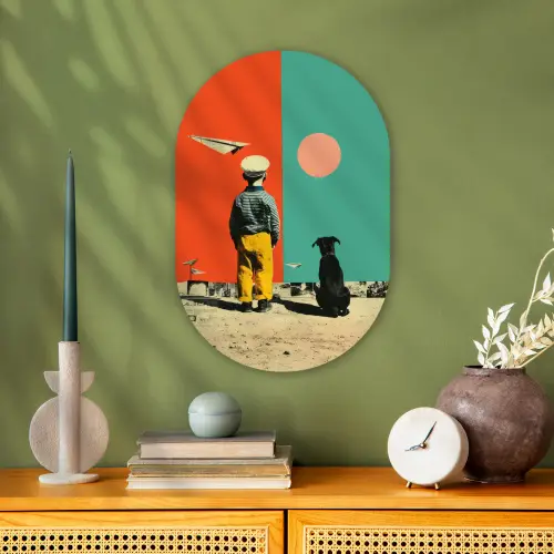 Retro - Jongen - Hond - Rood - Groen Wandcirkel Ovaal Forex klein -sfeer2