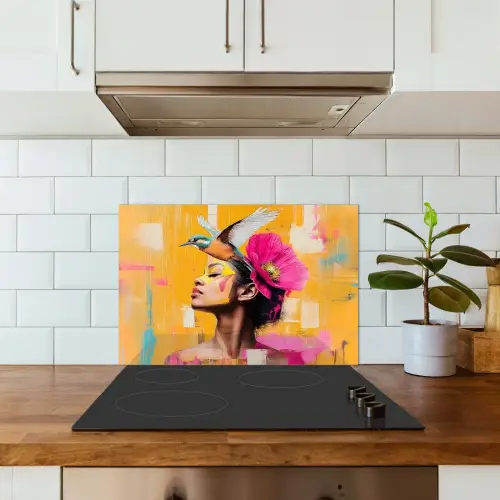 Vogel - Vrouw - Abstract - Bloem keuken achterwand spatscherm klein -sfeer2