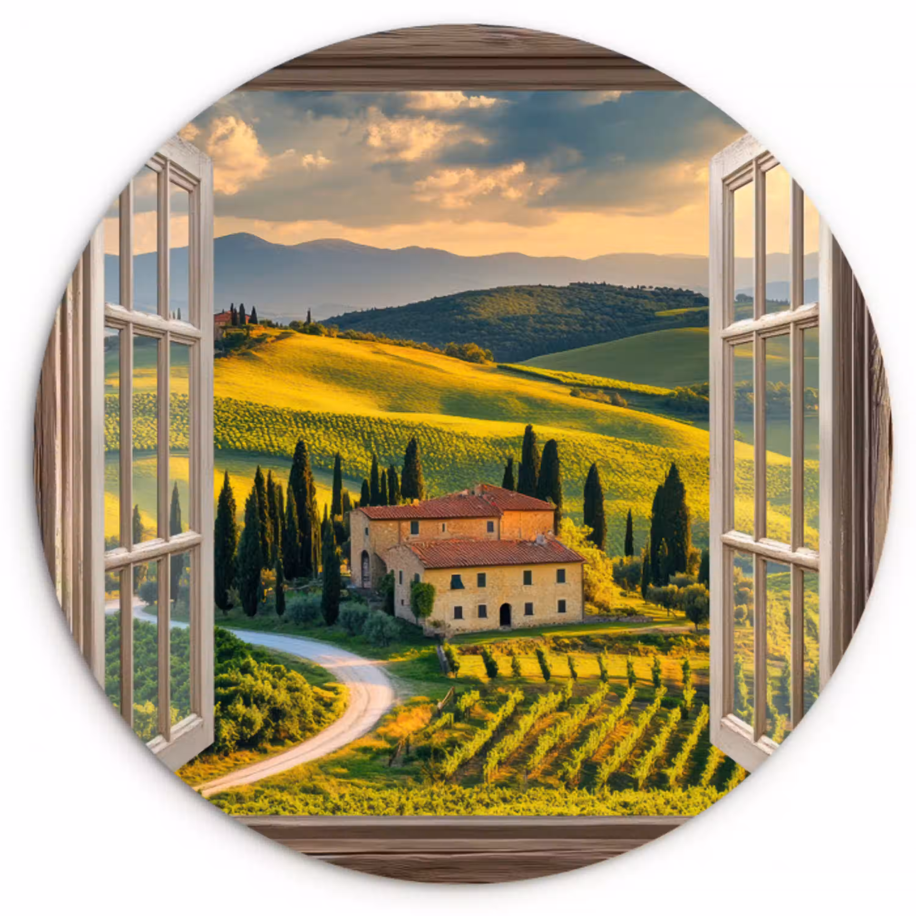 Doorkijk - Toscane - Uitzicht - Landschap - Zomer Wandcirkel kunststof plaat 5mm dik klein -3d