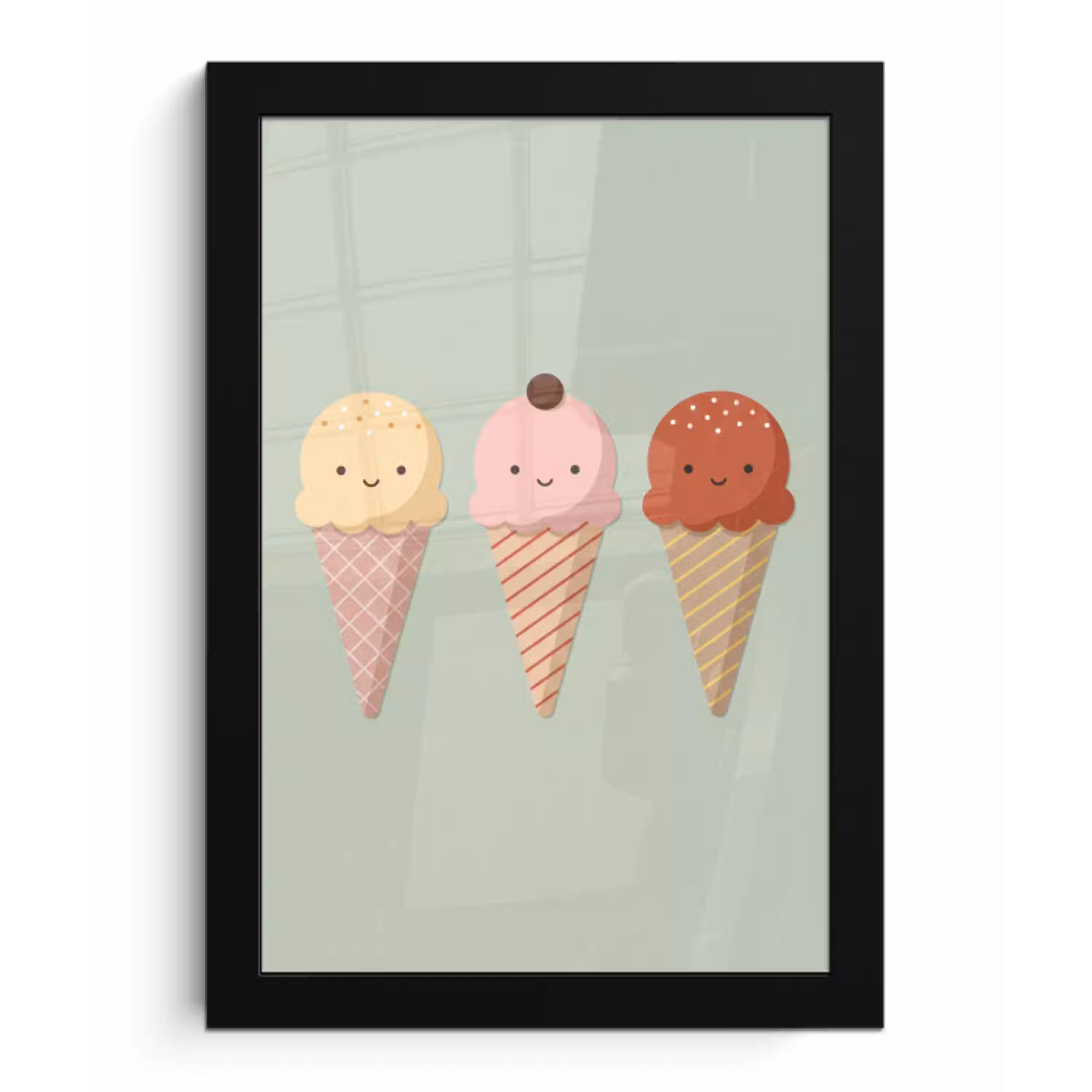 IJs - Hoorntjes - Eten - Illustratie - Vrolijk fotolijst zwart zonder passe partout klein -3d