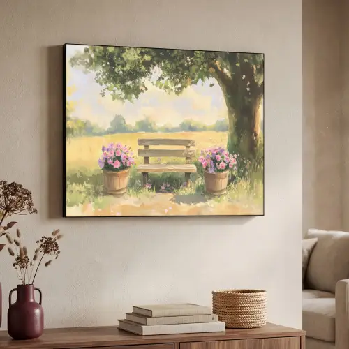 Houten bankje - Bloempotten - Landschap Textielframe zwart klein -sfeer3