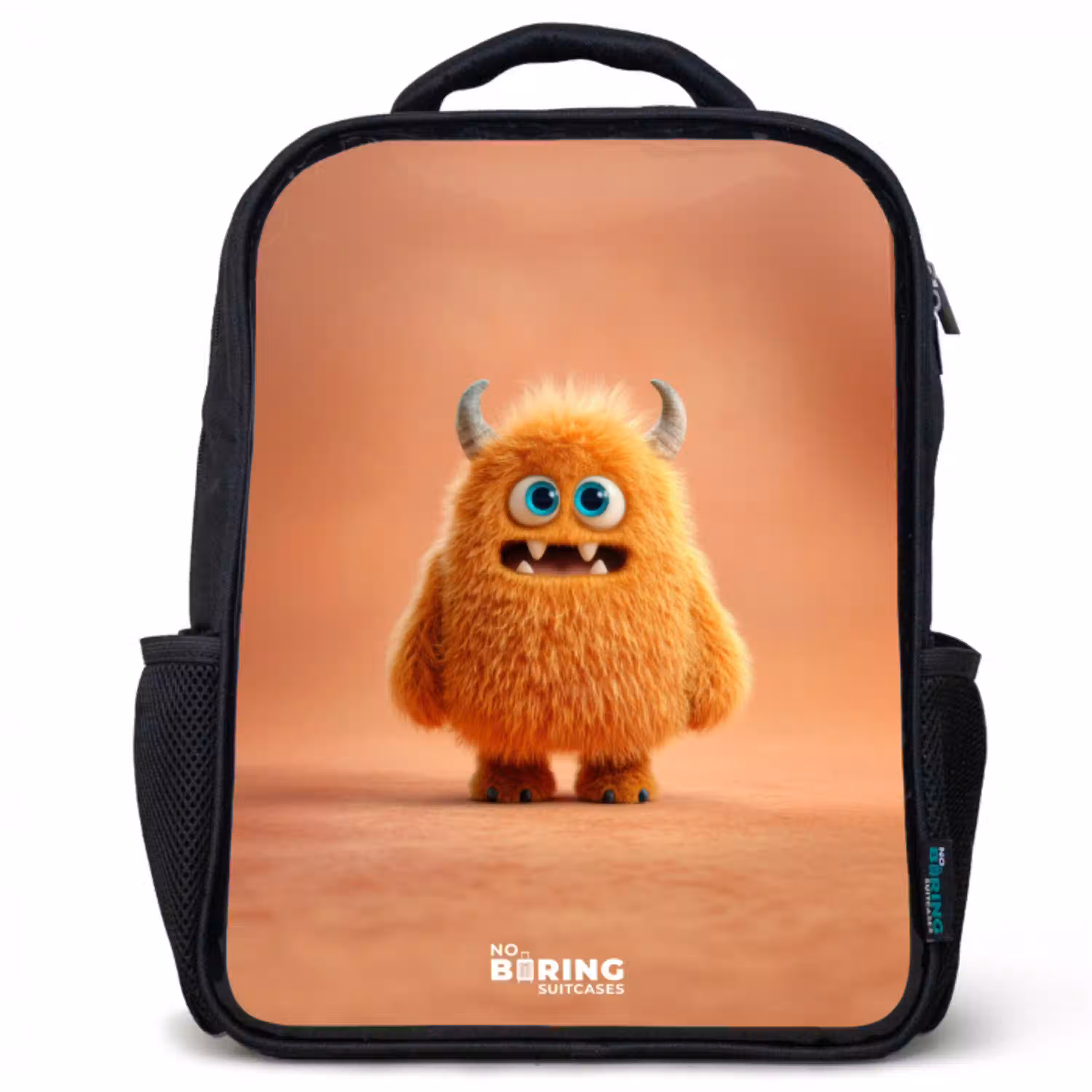 Oranje Pluizig Monster met Hoorns Rugzak - Zwart middel -3d