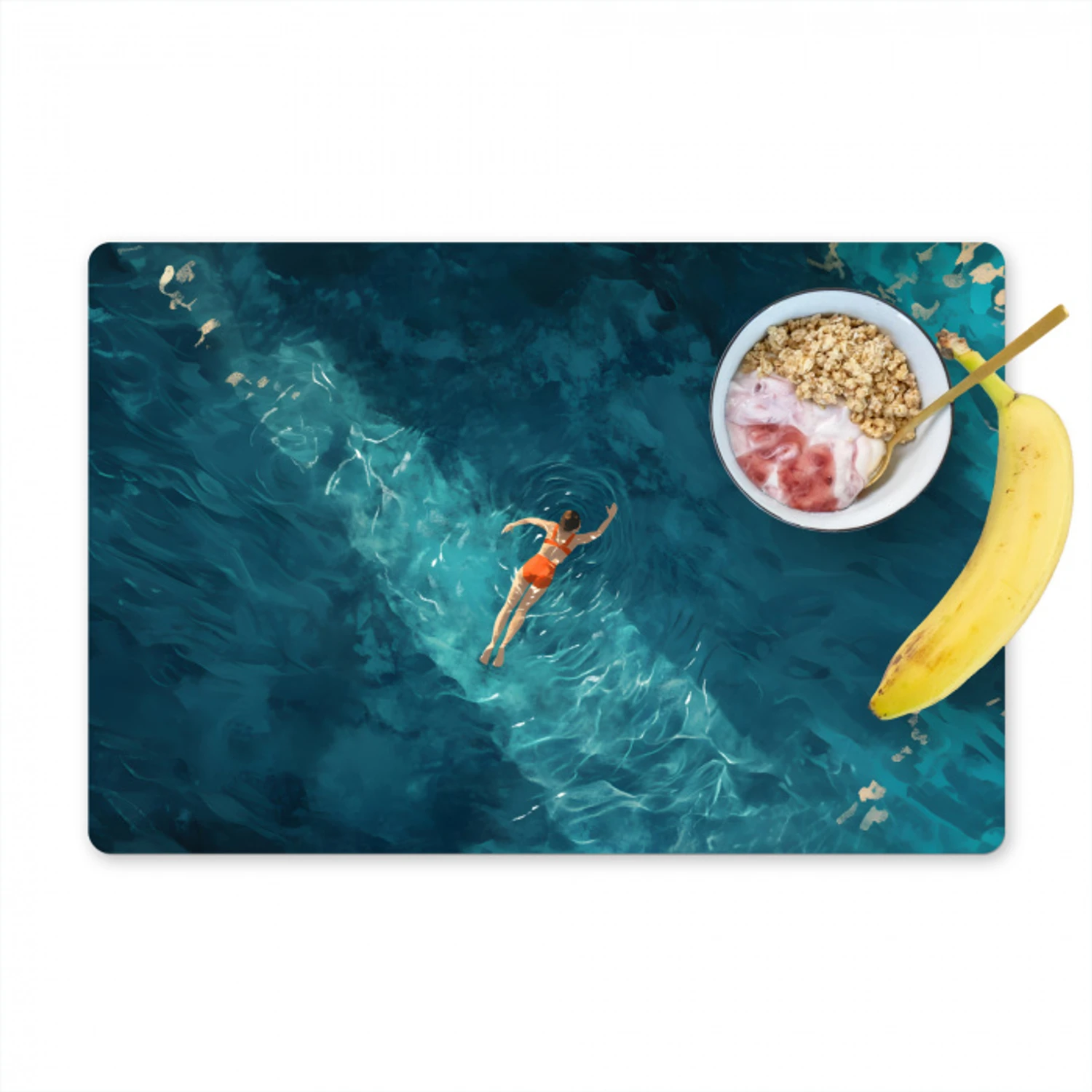 Vrouw - Water - Bikini - Oranje Placemat vinyl groot -zzzproduct_Kitchenyeah-website
