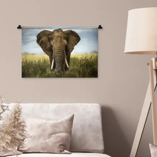 Olifant - Natuur - Gras - Dieren - Landschap Wandkleed katoen klein -sfeer4