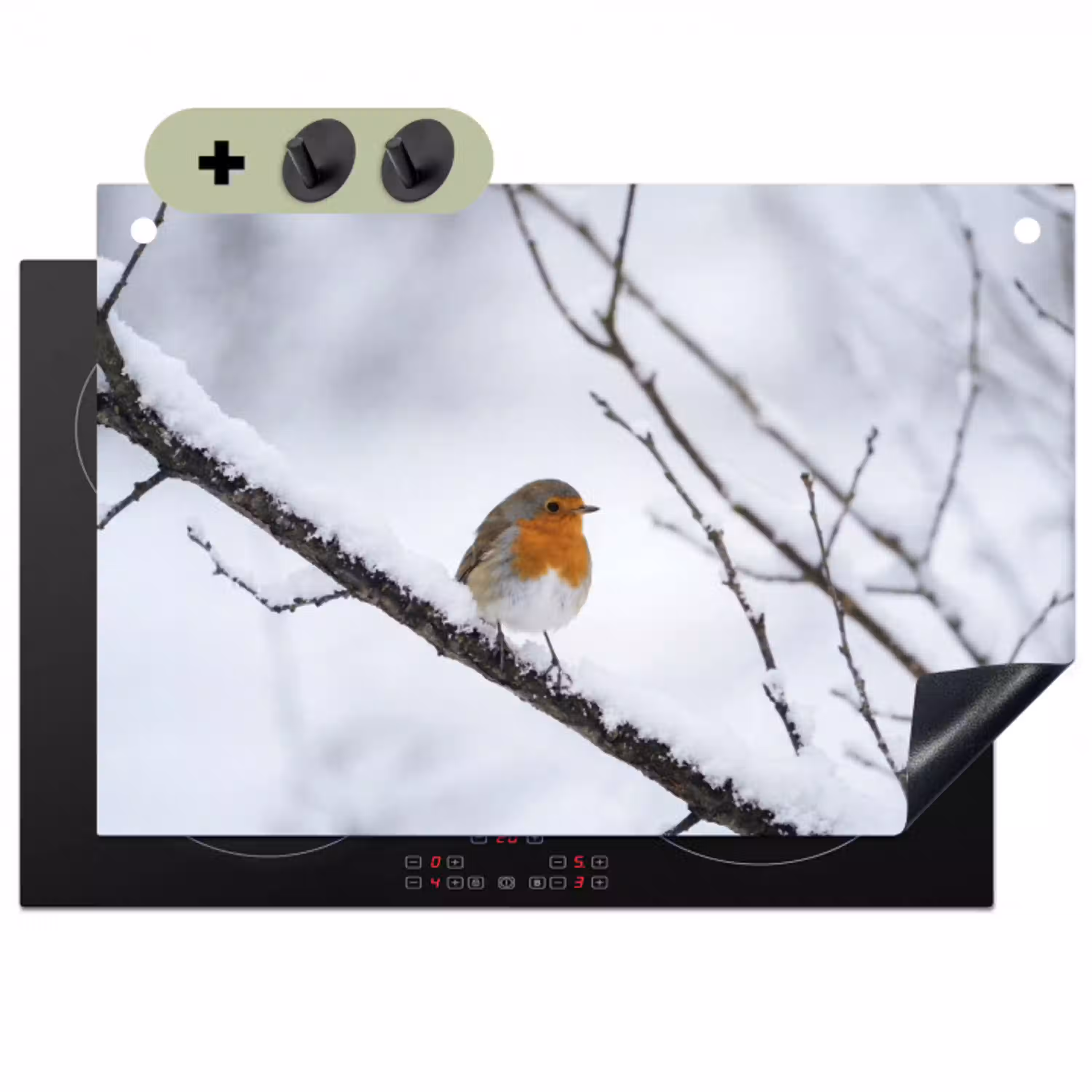 Roodborstje - Tak - Sneeuw - Winter - Levendig Inductie beschemer met haakjes klein -3d