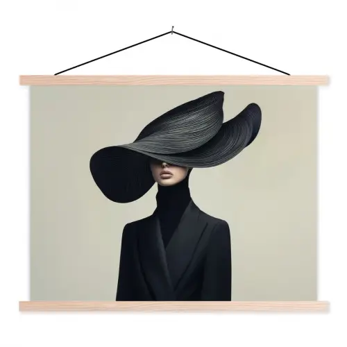 Zwart - Vrouw - Hoed textielposter latten blank klein -3d