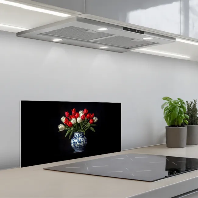 Rode - Bloemen - Tulpen - Vaas keuken achterwand spatscherm klein -3d_schuin