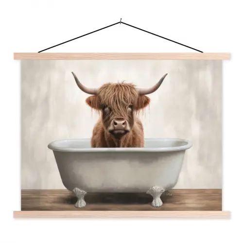 Schotse hooglander - Bad - Badkamer - Badkuip - Bruin - Horens textielposter latten blank klein -3d