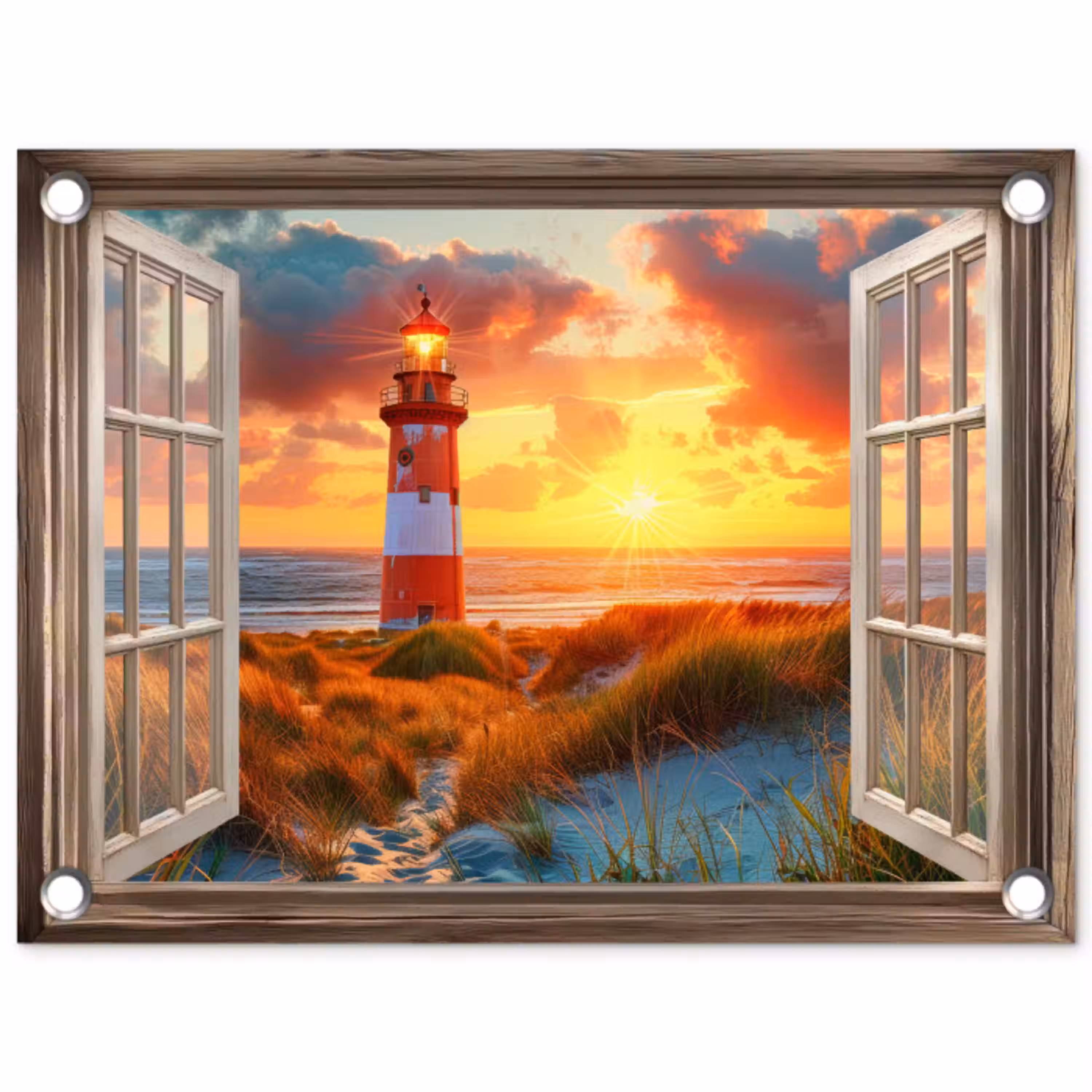 Doorkijk - Raam - Vuurtoren - Zonsondergang - Strand tuinposter los doek klein -3d