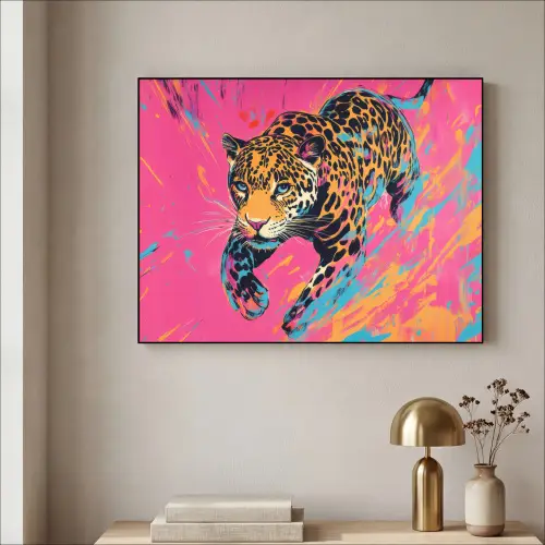 Luipaard - Roze - Oranje - Blauw - Verf Textielframe zwart klein -sfeer2