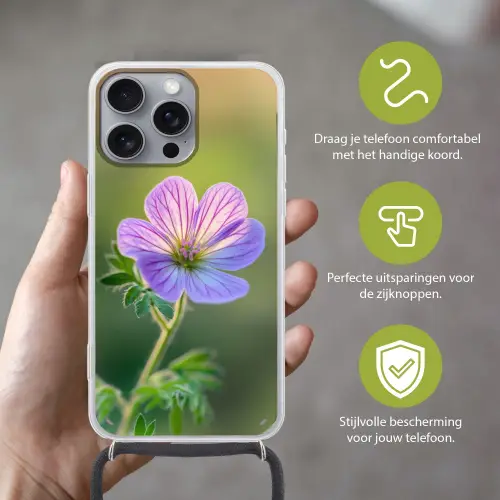 Bloem - Close up - Paars Hoesje iPhone 16 Pro Max met koord klein -sfeer2_NL