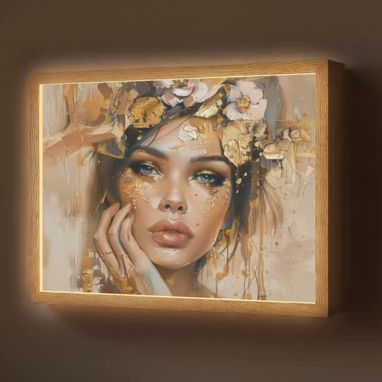 Lightbox - Wandleuchte - Frau - Blumen - Gold - Porträt