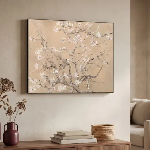 Amandelbloesem - Kunst - Van Gogh - Beige Textielframe - compleet frame klein -sfeer3