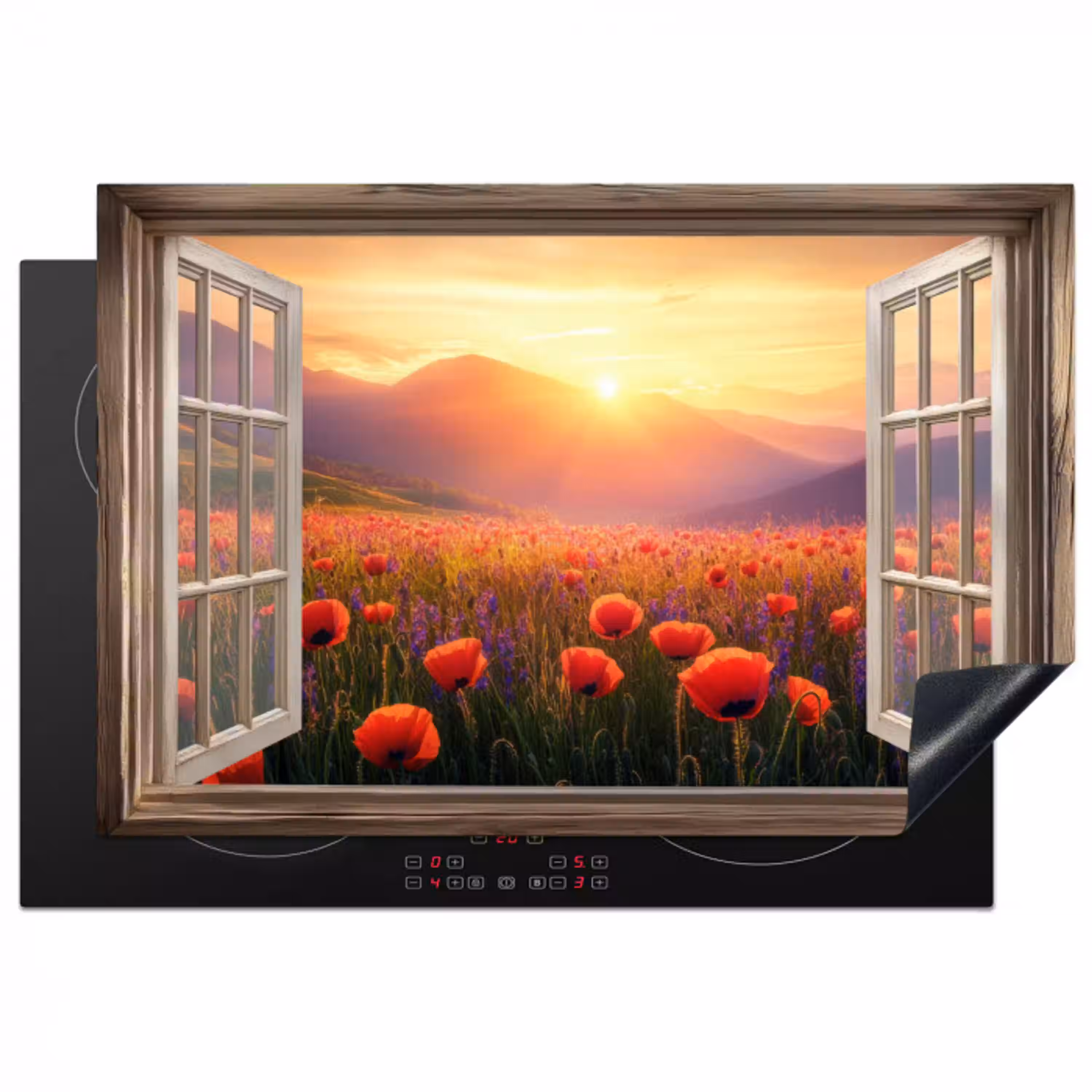 Doorkijk - Klaprozen - Bloemen - Rood - Open raam Inductie beschermer vinyl 3mm klein -3d