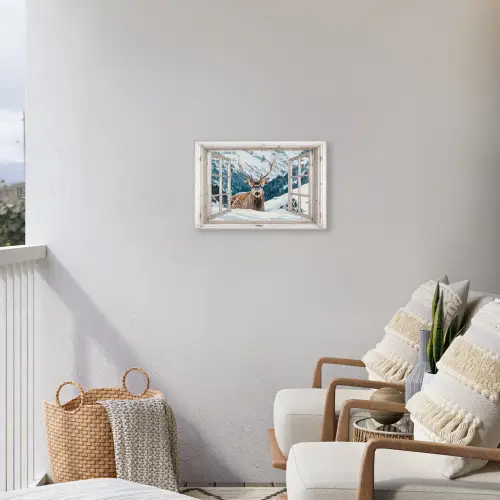 Hert - Winterlandschap - Natuur - Dieren - Doorkijk - Bergen Tuinposter op houten frame 2 cm dik klein -sfeer1