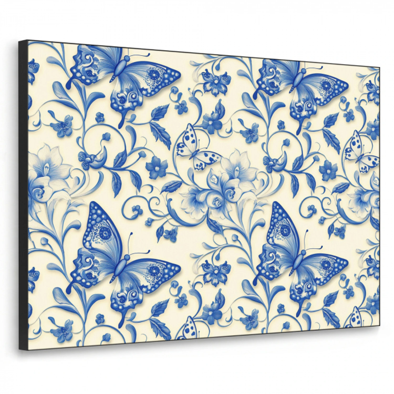 Vlinders - Bloemen - Blauw - Botanisch Textielframe zwart klein 947 -3d
