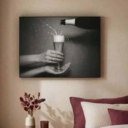 Champagnefles - Glas - Minimalistisch - Spetters Textielframe zwart klein -sfeer1