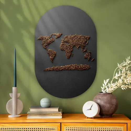 Wereldkaart - Koffie - Grijs Wandcirkel Ovaal Glas middel -sfeer2