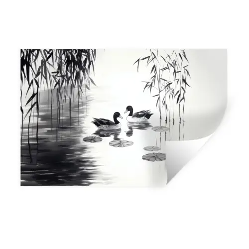 Eenden - Waterlelies - Riet - Zwart Muursticker klein -3d