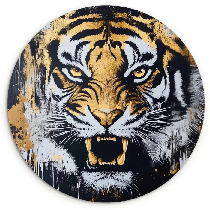 Tijger - Verfspatten - Goud Wandcirkel kunststof plaat 5mm dik klein -3d